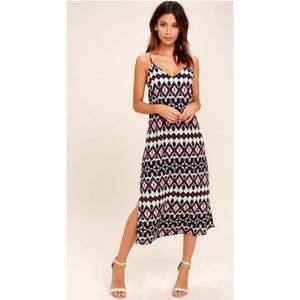 Lulus Tahiti Sweetie Ikat Dress, Navy Blue and Beige, Size Small